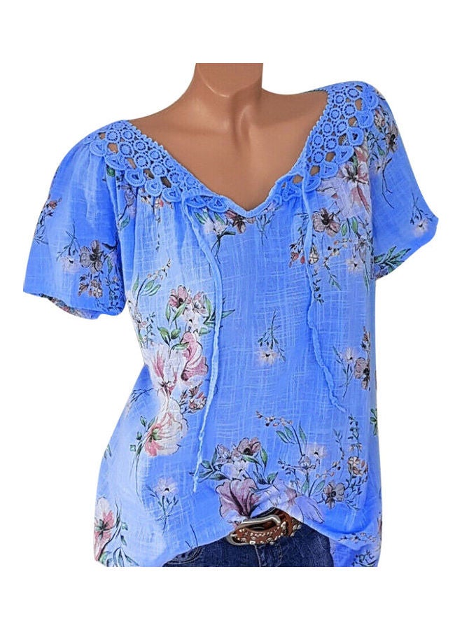Flower Print Crochet V Neck Short Sleeve Bandage Blouse Dark Blue - Image 1