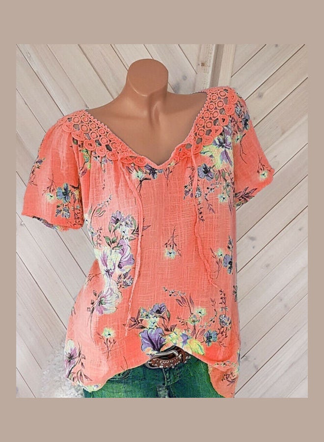 Flower Print Crochet V Neck Short Sleeve Bandage Blouse Dark Blue - Image 2