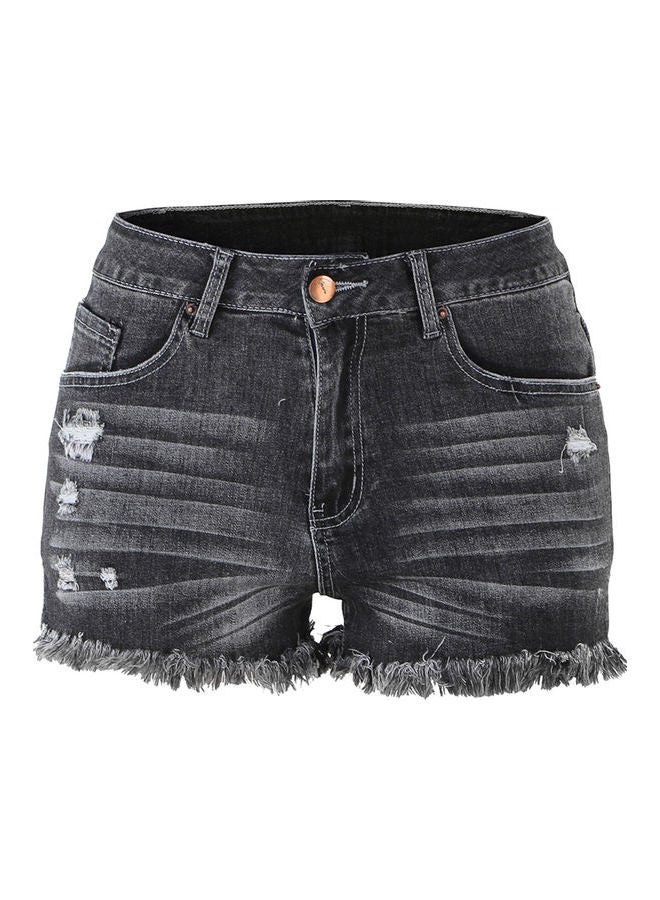 High Waist Denim Shorts Fringe Frayed Ripped Black  - Image 1