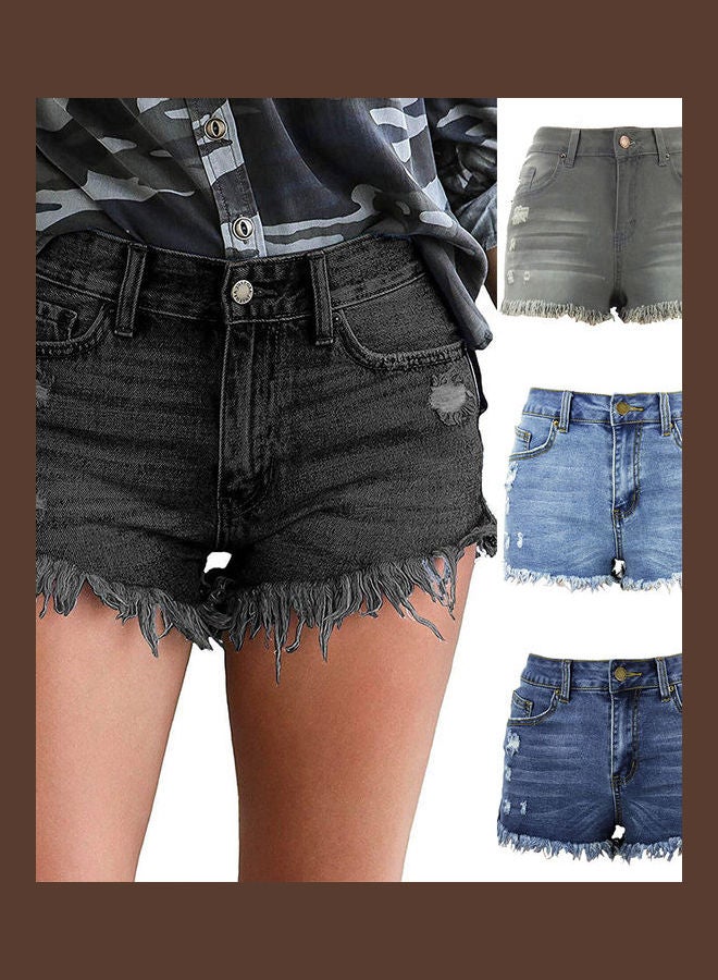 High Waist Denim Shorts Fringe Frayed Ripped Black  - Image 2