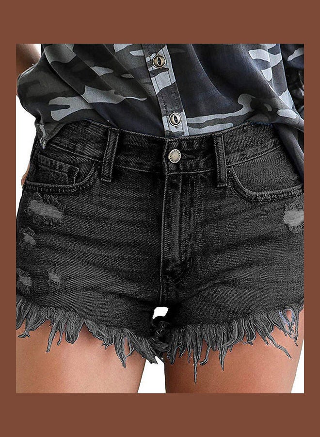 High Waist Denim Shorts Fringe Frayed Ripped Black  - Image 3