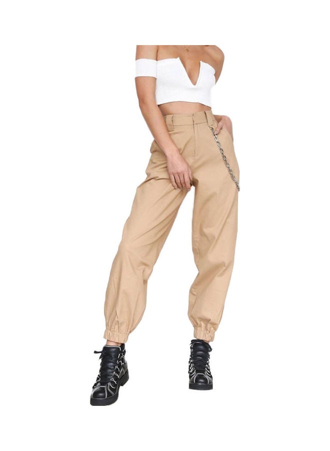 Solid Color Sports Cargo Pants Loose Ankle with Chain Khaki  - Image 1