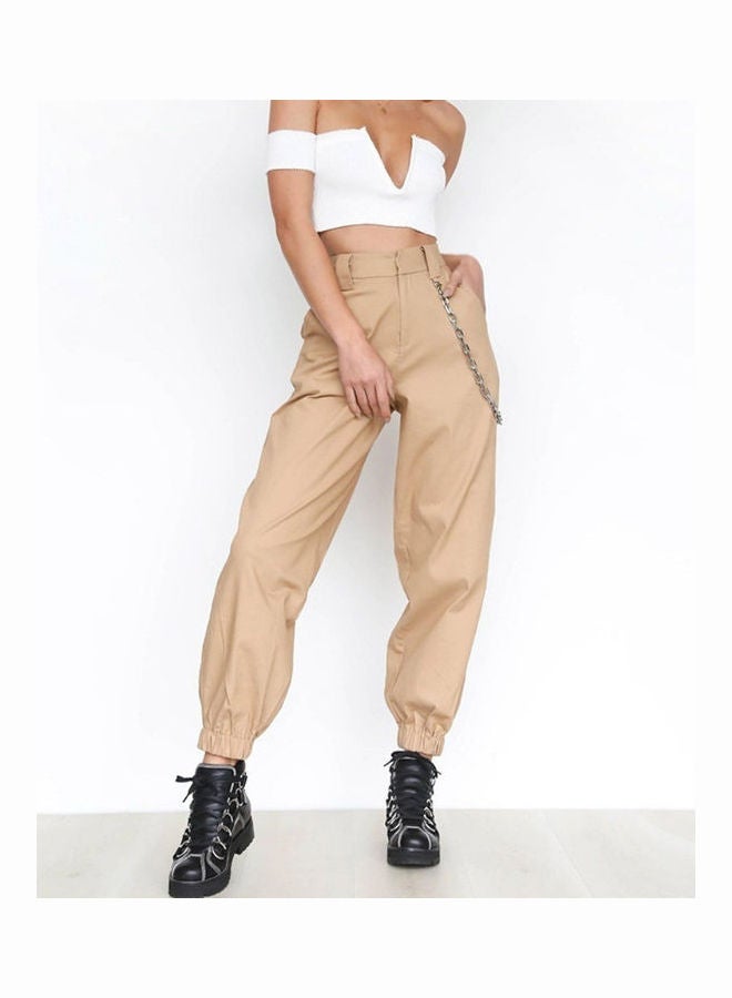 Solid Color Sports Cargo Pants Loose Ankle with Chain Khaki  - Image 2