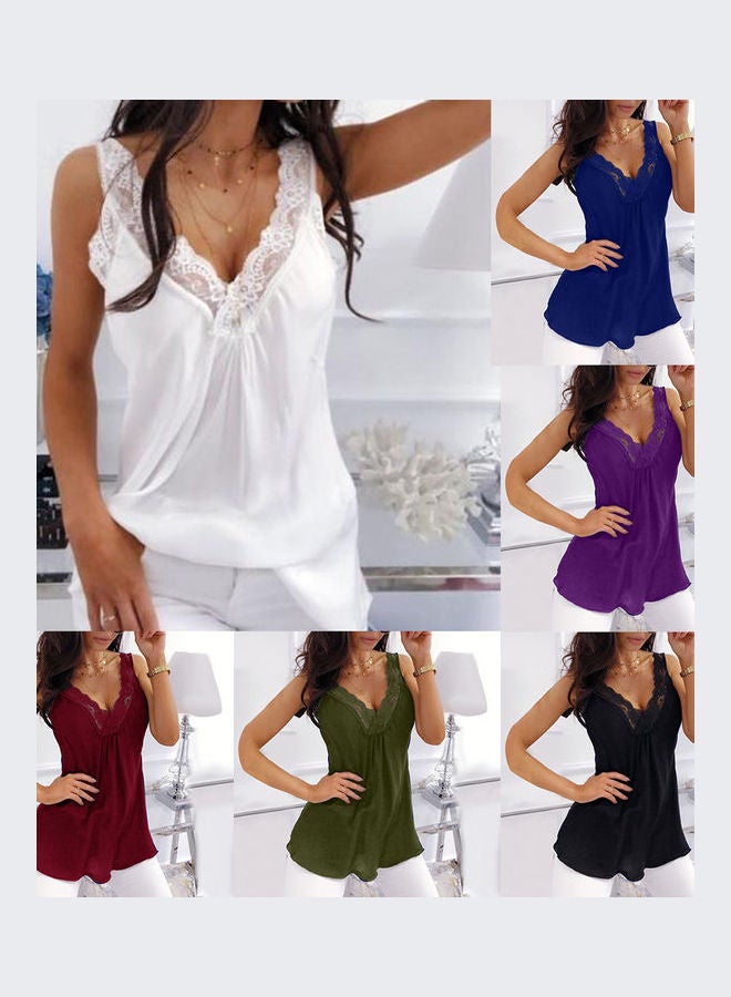 Generic - Lace Patchwork V Neck Sleeveless Tank Top White - Image 1