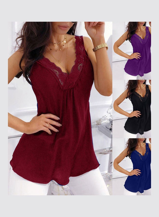 Generic - Lace Patchwork V Neck Sleeveless Tank Top White - Image 1