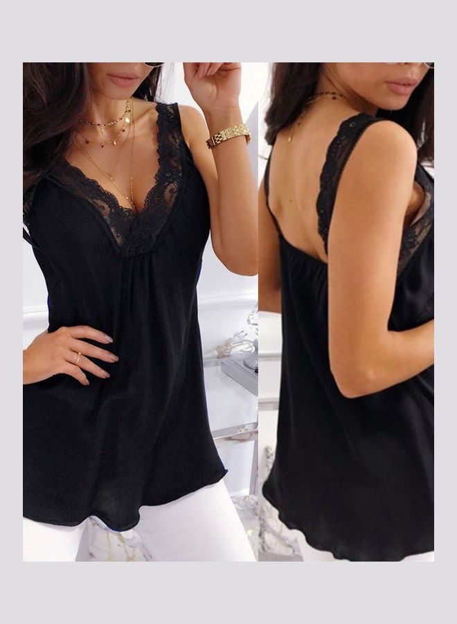 Generic - Lace Patchwork V Neck Sleeveless Tank Top White - Image 1