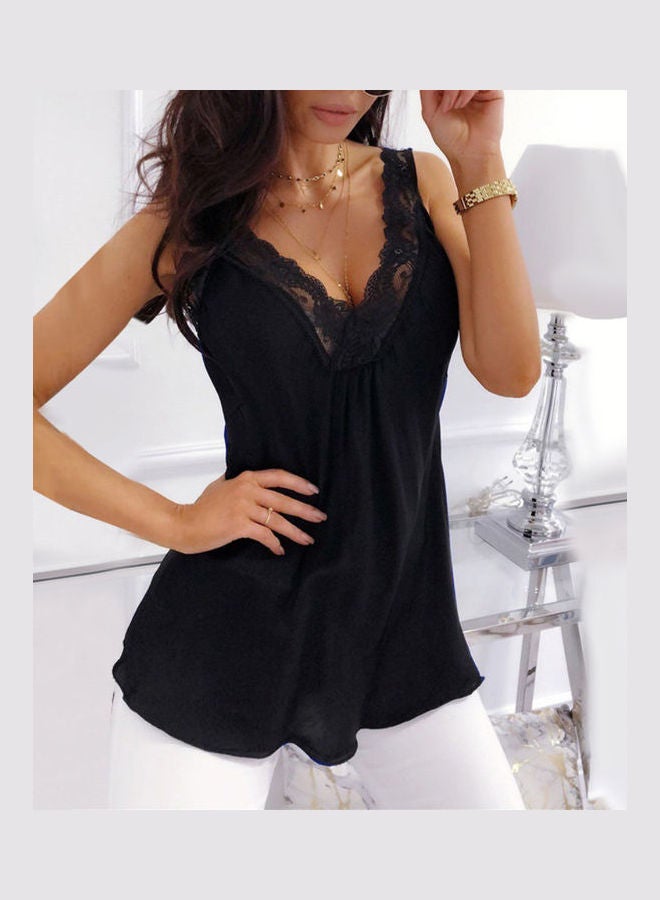 Lace Patchwork V Neck Sleeveless Tank Top Blue