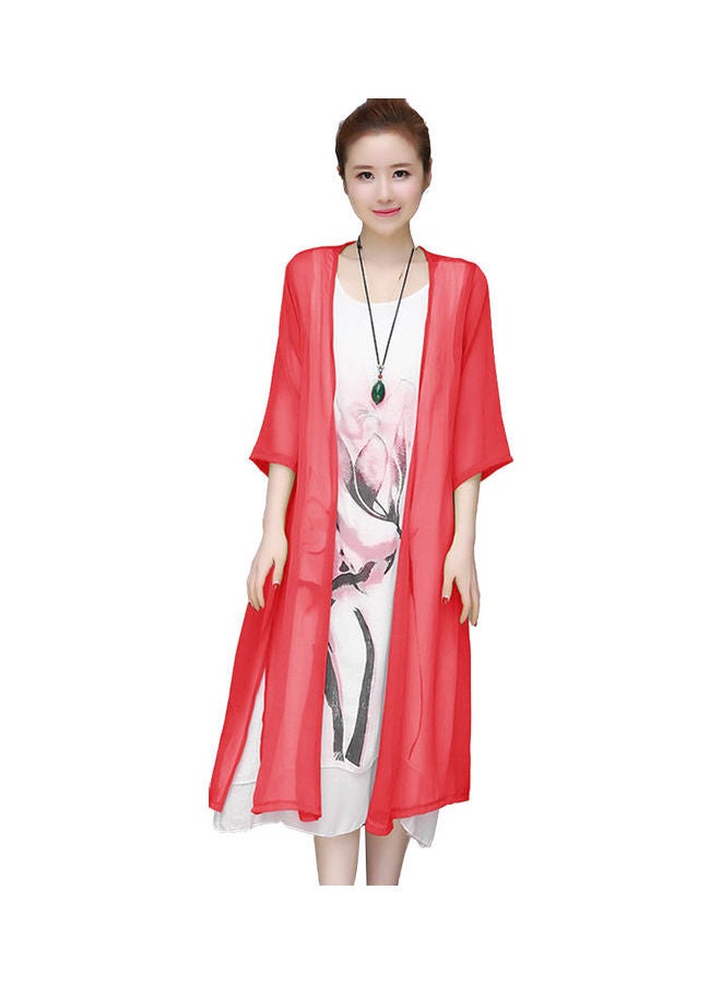 2-Piece Vintage Flower Painting Kaftan Dress with Cardigan Red  - Image 1