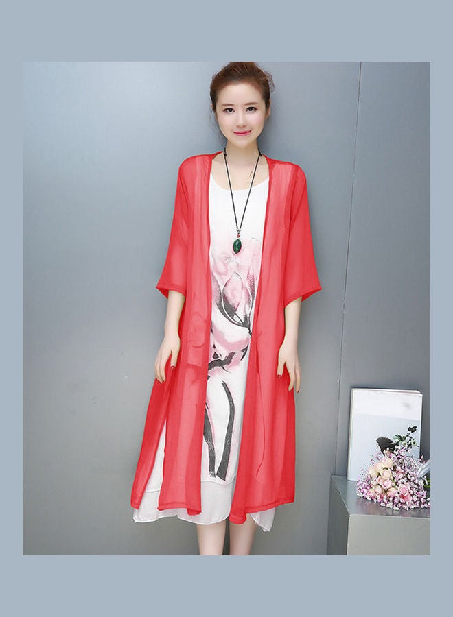 2-Piece Vintage Flower Painting Kaftan Dress with Cardigan Red  - Image 2