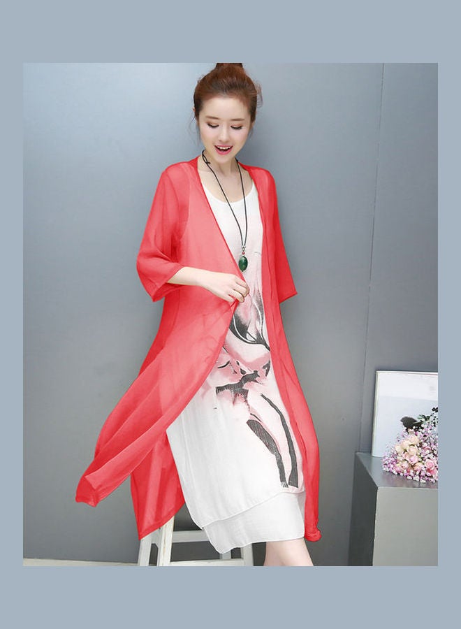 2-Piece Vintage Flower Painting Kaftan Dress with Cardigan Red  - Image 3