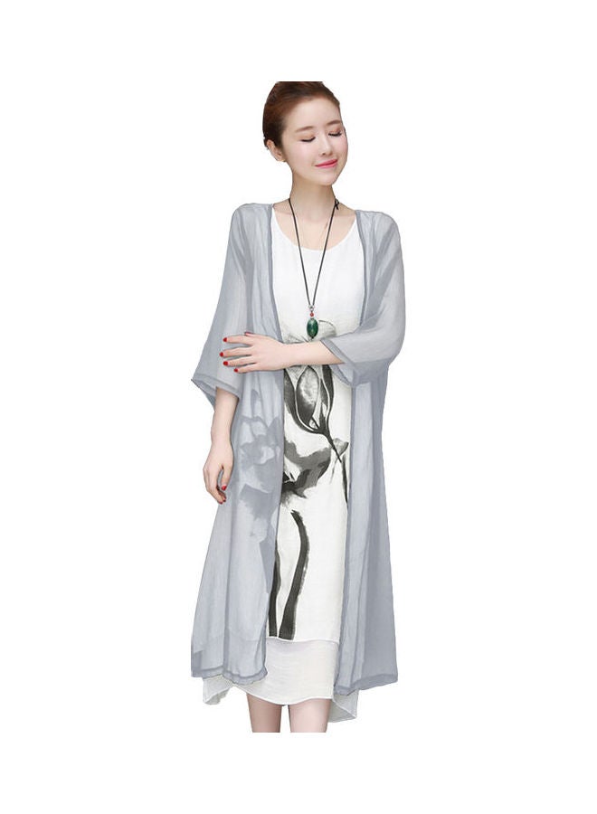 2-Piece Vintage Flower Painting Kaftan Dress with Cardigan Light Gray 