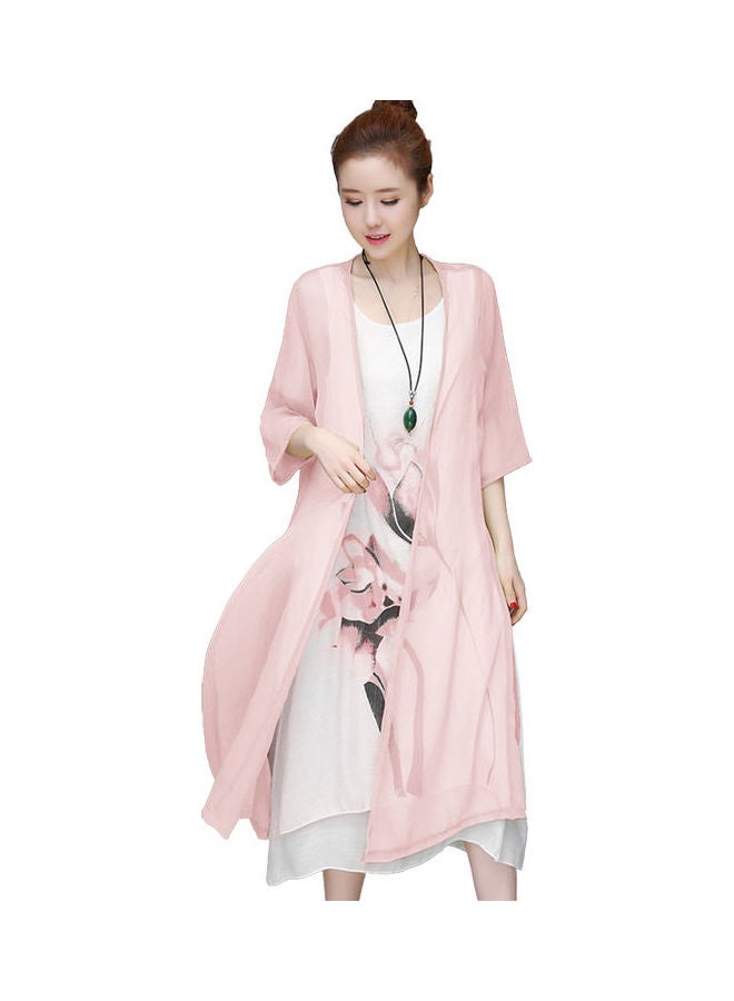 2-Piece Vintage Flower Painting Kaftan Dress with Cardigan Pink 