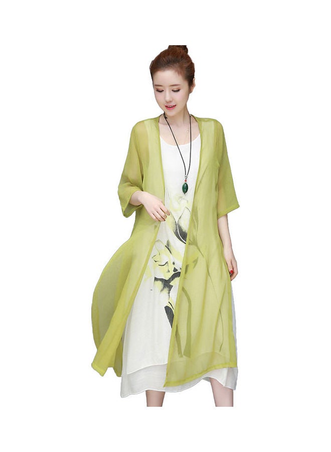 2-Piece Vintage Flower Painting Kaftan Dress with Cardigan Green