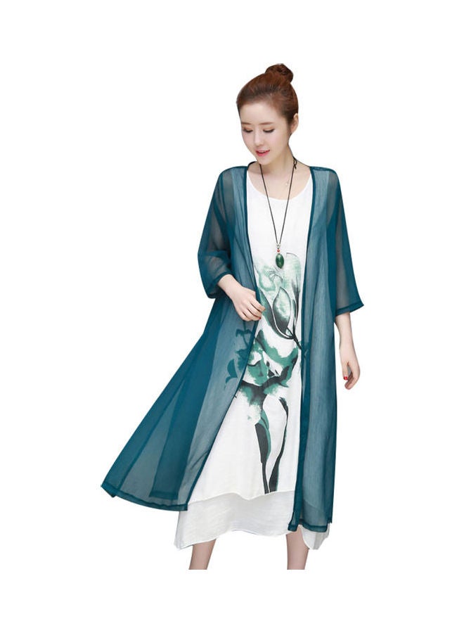 2-Piece Vintage Flower Painting Kaftan Dress with Cardigan Dark Green 