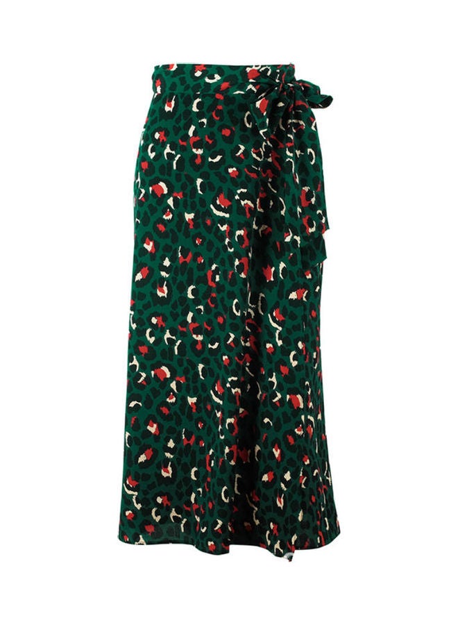 Leopard Print Bow Tie Split Skirt Green - Image 1