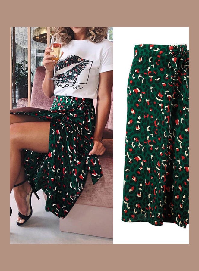 Leopard Print Bow Tie Split Skirt Green - Image 2