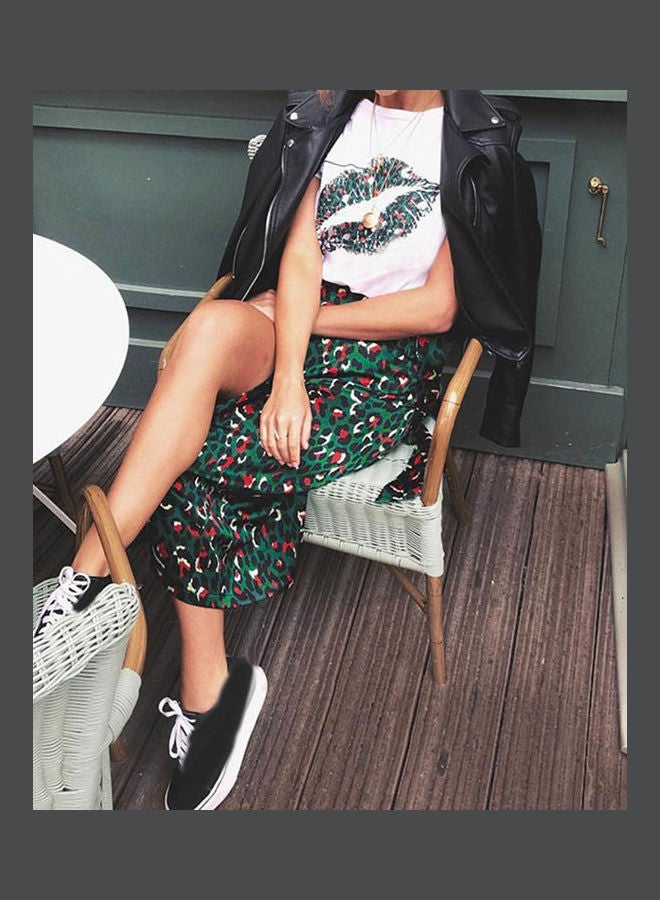 Leopard Print Bow Tie Split Skirt Green - Image 4