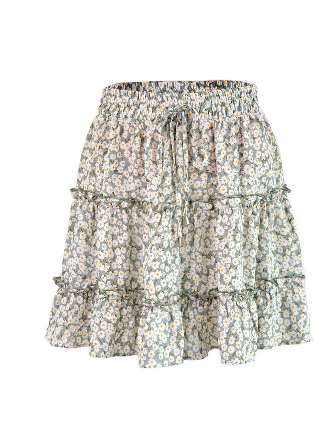 Generic - Bohemian Flower Print Ruffled A Line Skirt Green - Image 1