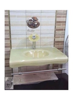 4-Piece Modern Glass Bathroom Wash Basin With Shelfs And Pop Up Drain Set Beige 80x80x10cm