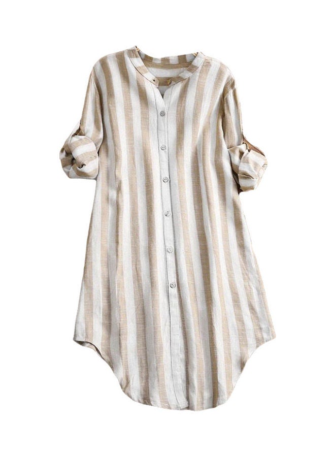 Striped Design Button Up Tunic Shirt Khaki/White