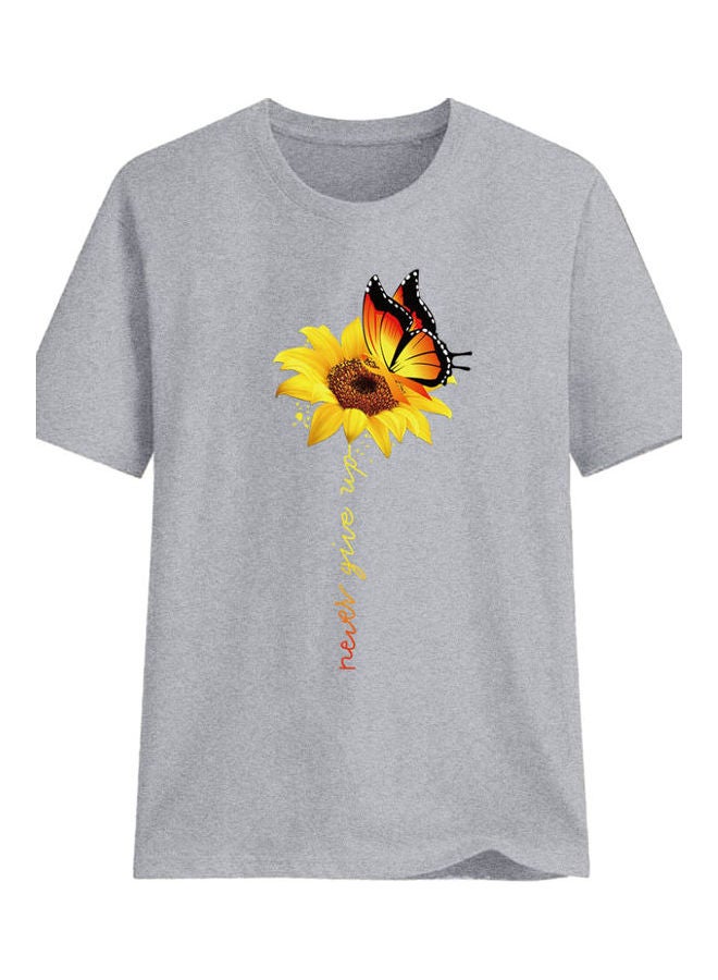 Never Give Up Letter Printed T-Shirt Grey