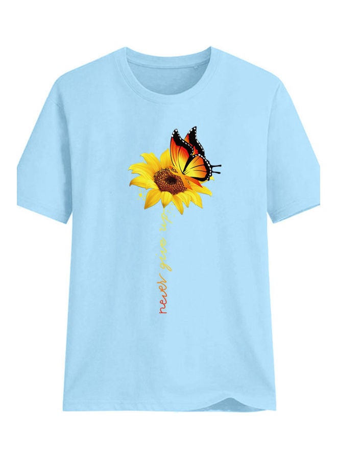 Never Give Up Letter Printed T-Shirt Sky Blue 