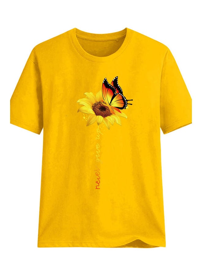 Never Give Up Letter Printed T-Shirt Yellow