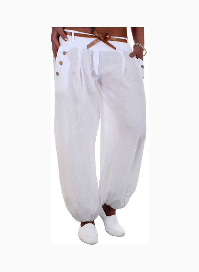 High Waist Belted Long Trousers White - Image 1