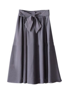 Bow Belted High Waist Pleated Midi Skirt Grey