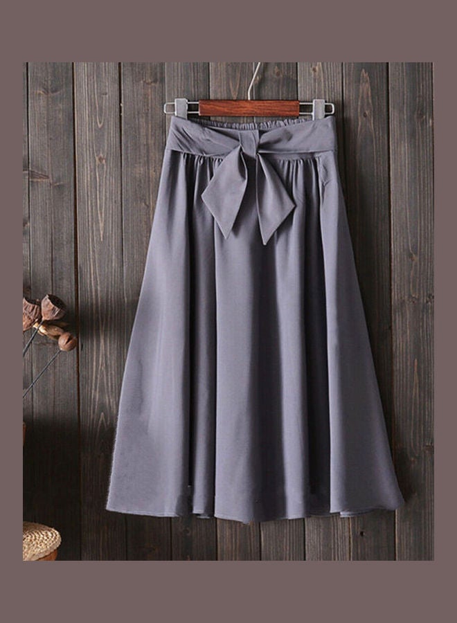 Generic - Bow Belted High Waist Pleated Midi Skirt Grey - Image 1