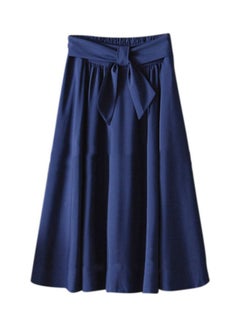 Bow Belted High Waist Pleated Midi Skirt Navy Blue
