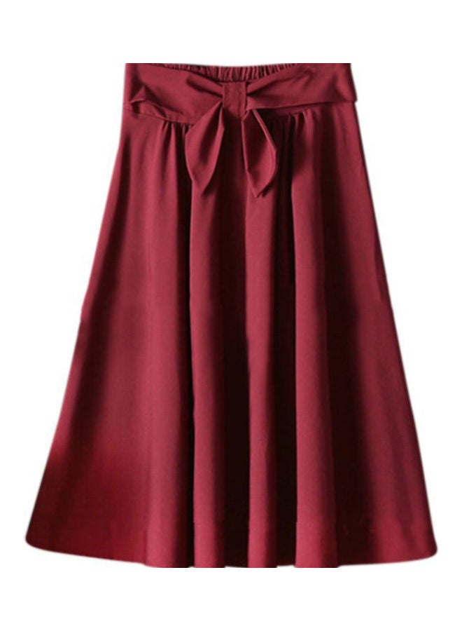 Generic - Bow Belted High Waist Pleated Midi Skirt Wine Red - Image 1