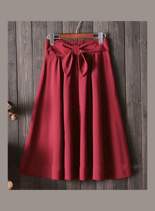 Generic - Bow Belted High Waist Pleated Midi Skirt Wine Red - Image 1