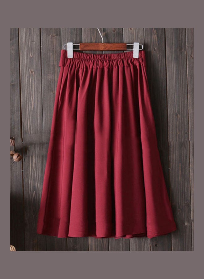 Generic - Bow Belted High Waist Pleated Midi Skirt Wine Red - Image 1