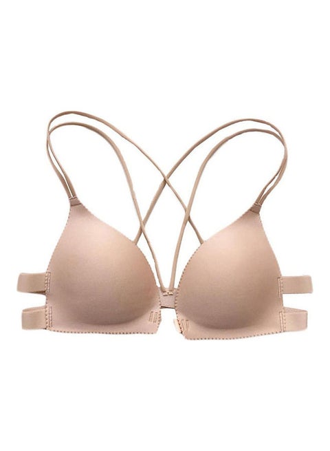 Front Buckle Wireless Crisscross Strap Detailed Push-Up Bra Apricot