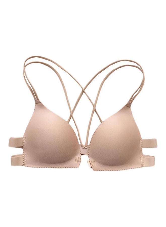 Front Buckle Wireless Crisscross Strap Detailed Push-Up Bra Apricot