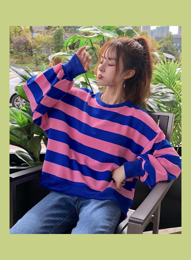 Striped Pattern Long Sleeve Loose T-Shirt Blue/Pink - Image 2