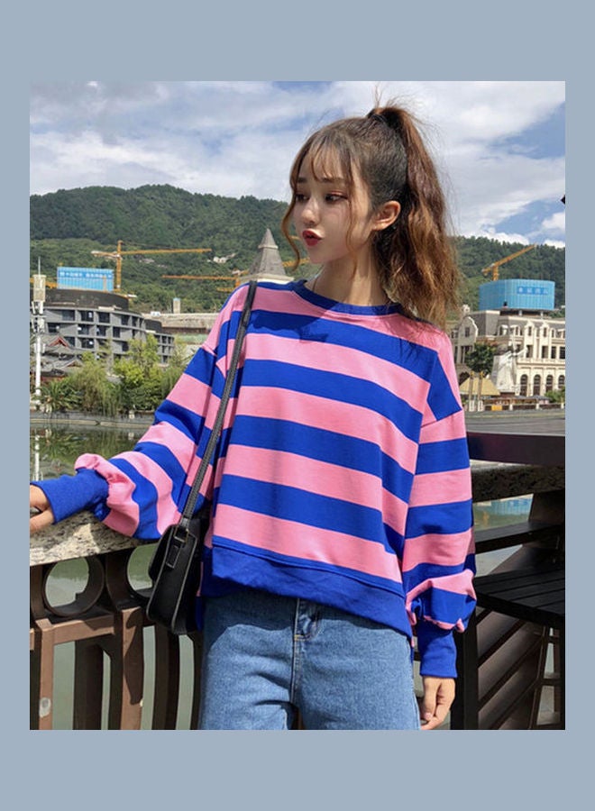 Striped Pattern Long Sleeve Loose T-Shirt Blue/Pink - Image 1