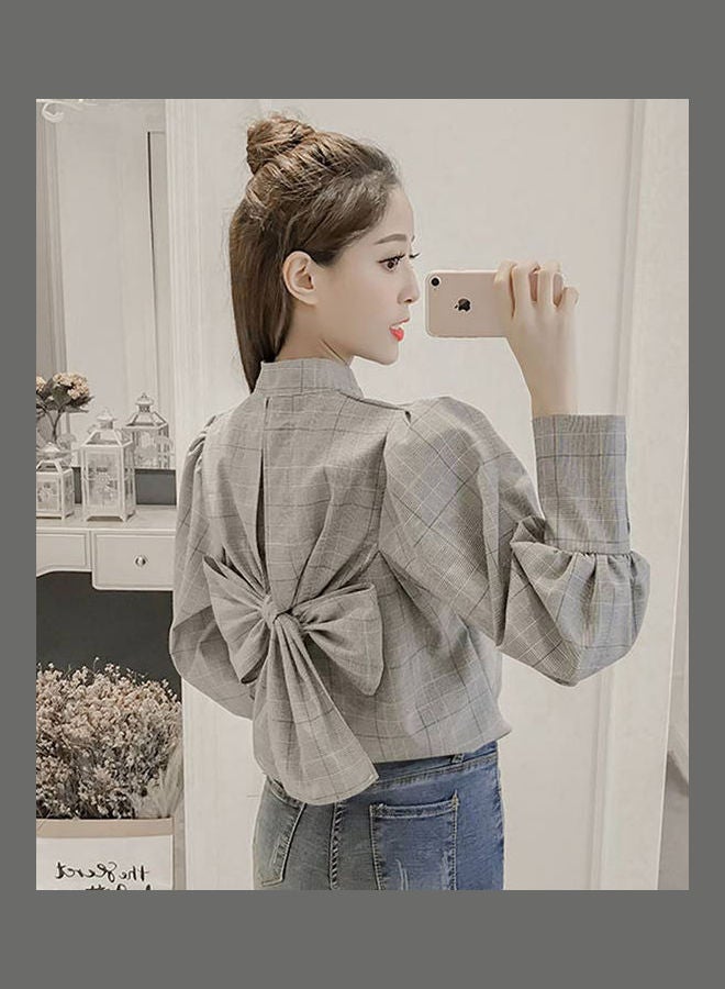 Checks Pattern Back Bowknot Design Puff Sleeve Shirt Khaki - Image 3