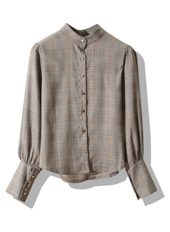 Checks Pattern Back Bowknot Design Puff Sleeve Shirt Khaki - Image 1