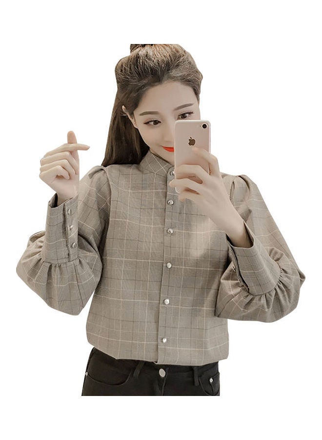 Checks Pattern Back Bowknot Design Puff Sleeve Shirt Khaki - Image 2