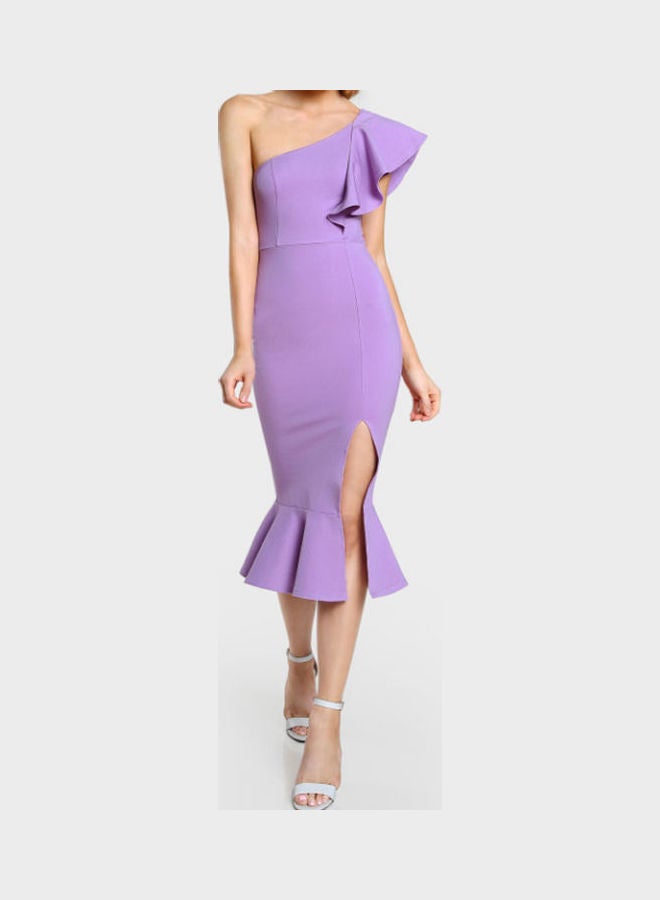 Elegant Off Shoulder Ruffle Mermaid Pattern Dress Purple - Image 2