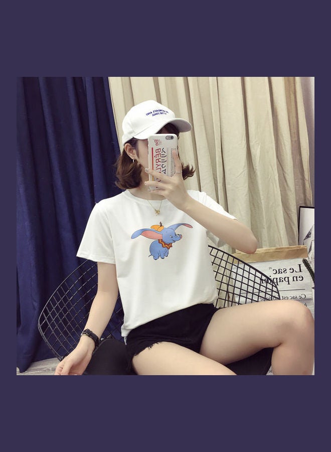 Cartoon Elephant Printed T-Shirt White/Blue 