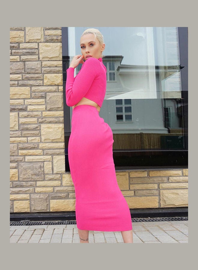 2-Piece Turtle Neck Top With Long Skirt Set Pink  - Image 2