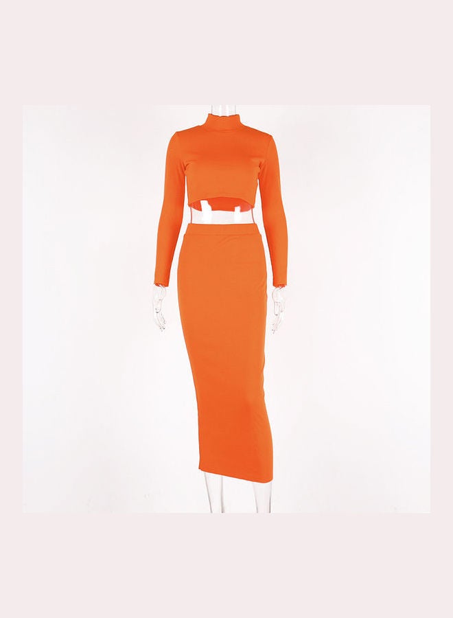 2-Piece Turtle Neck Top With Long Skirt Set Orange  - Image 1