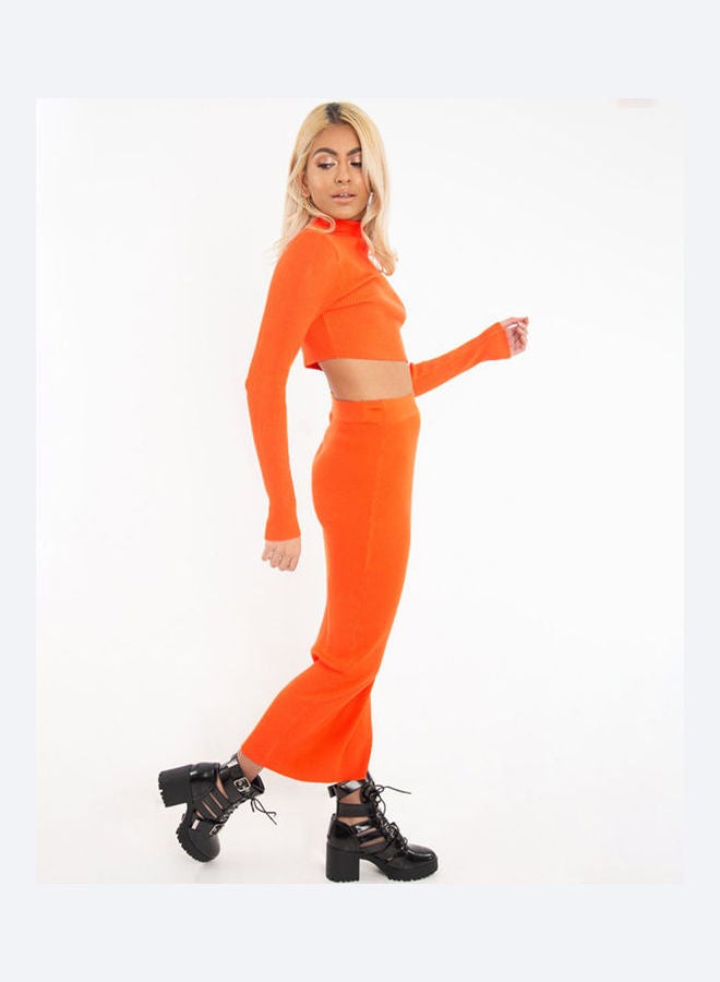 2-Piece Turtle Neck Top With Long Skirt Set Orange  - Image 2