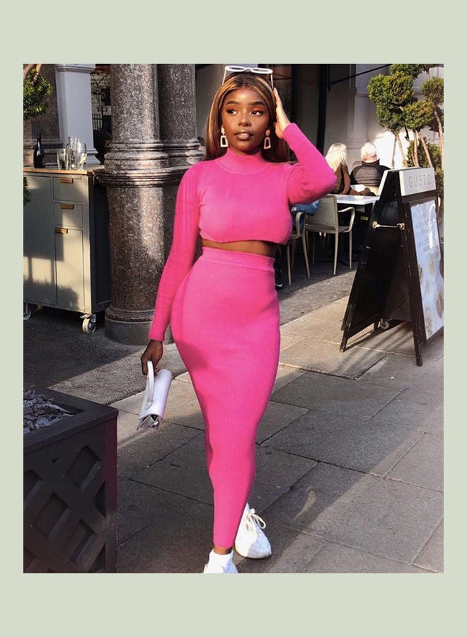 2-Piece Turtle Neck Top With Long Skirt Set Pink  - Image 2