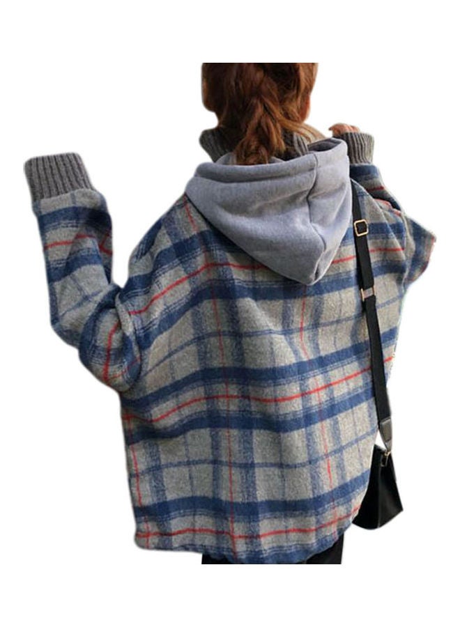 Checked Pattern Casual Hoodie Blue/Grey - Image 2