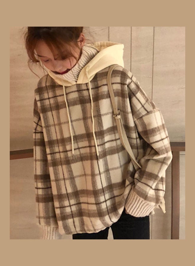 Checked Pattern Casual Hoodie Beige/Brown - Image 2