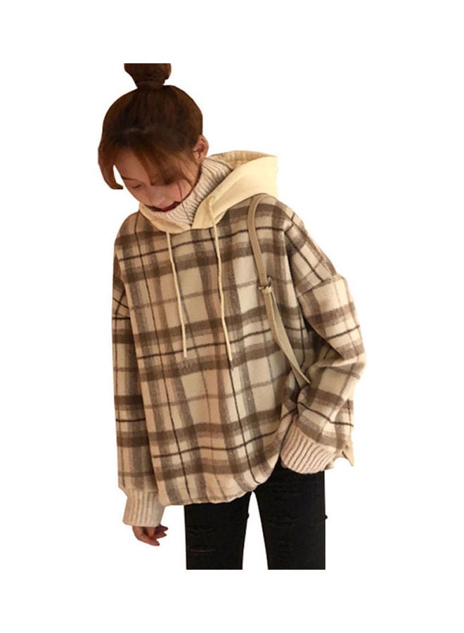 Checked Pattern Casual Hoodie Beige/Brown - Image 1